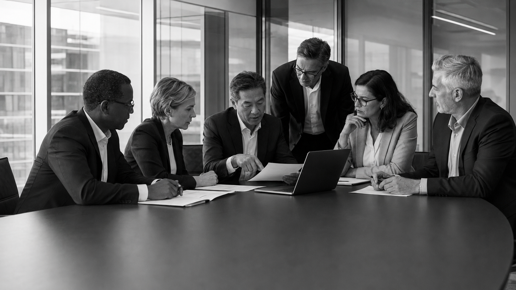 Senior business operators working together in a glass-walled meeting room